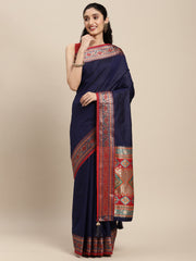 Ethnic Navy Blue Party Wear Saree with Rich Pallu and Contrast Red Zari Border