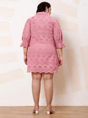 Plus Size Self Design Cotton Puff Sleeve Shirt Casual Dress