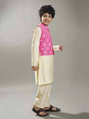 Boys off white kurta pajama with pink jacquard booti Jacket