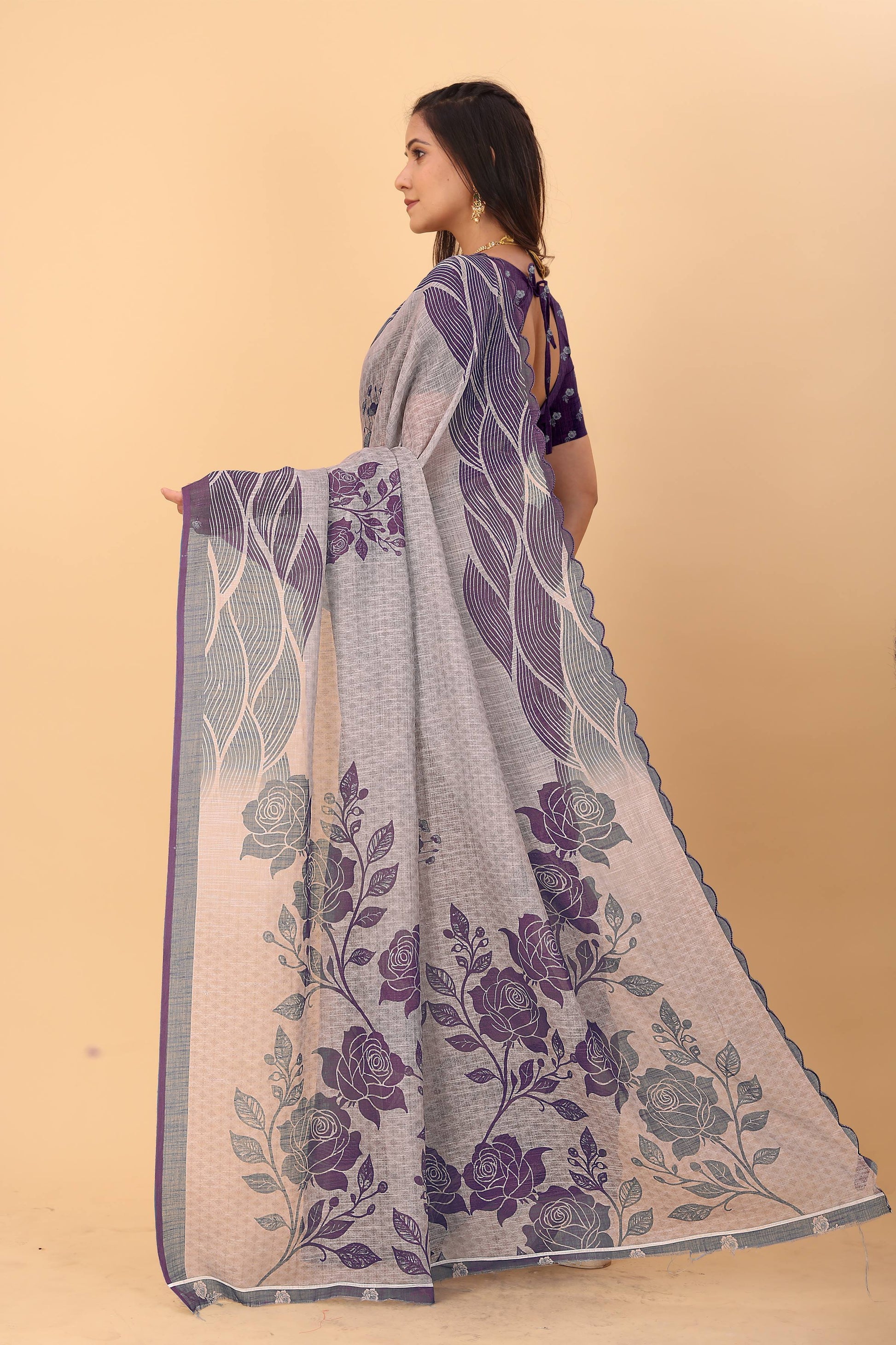Soft linen saree with shaded style prints and cutwork