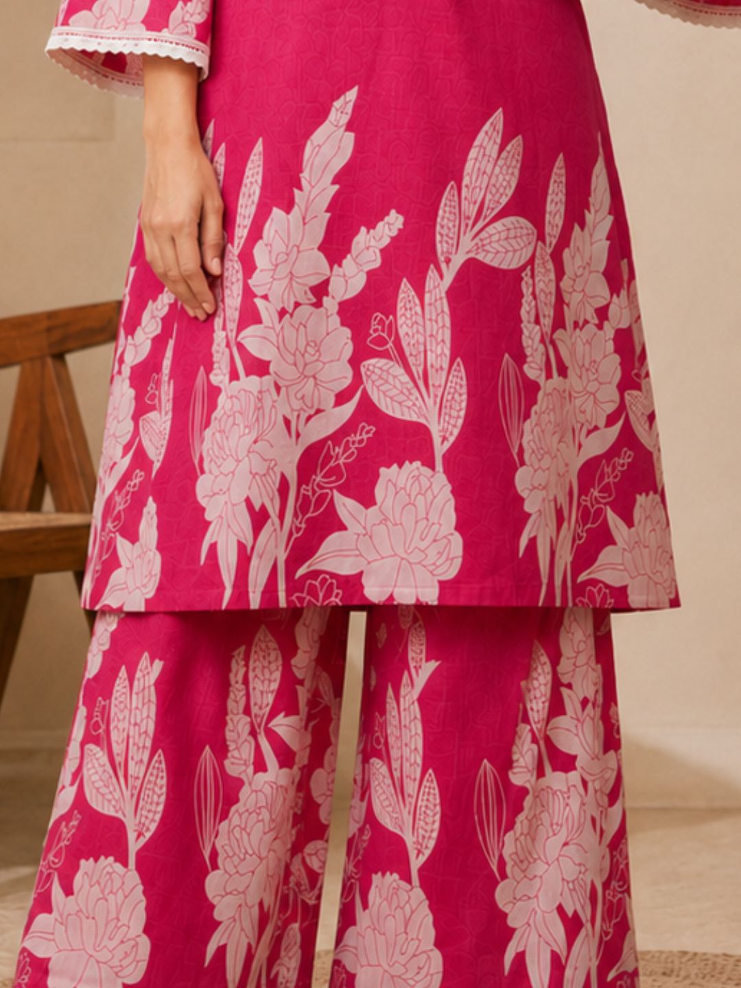 Pink Printed Cotton Straight Kurta Set