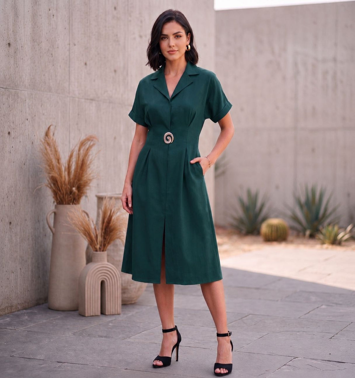 Teal Lapel Collar Embellished Dress-ADR-21219