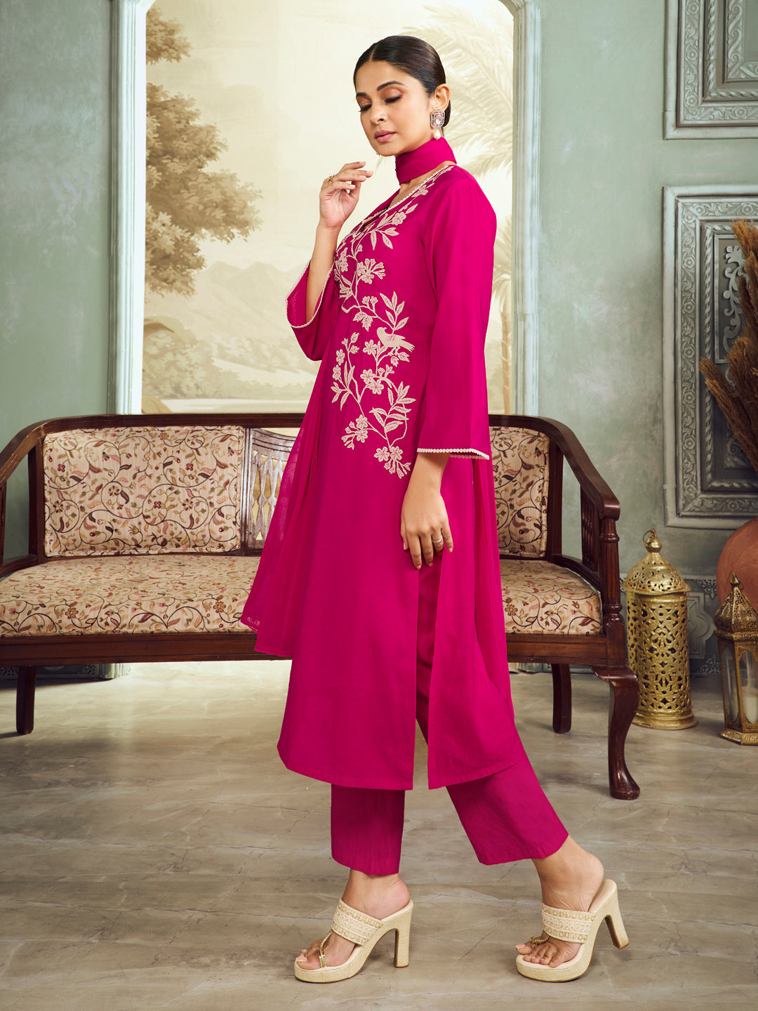 Pink Embroidered Straight Kurta Set With Dupatta.