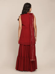 Silk blend Woven Sleeveless Embroidered Flared Kurta And Skirt With Dupatta Set - Maroon