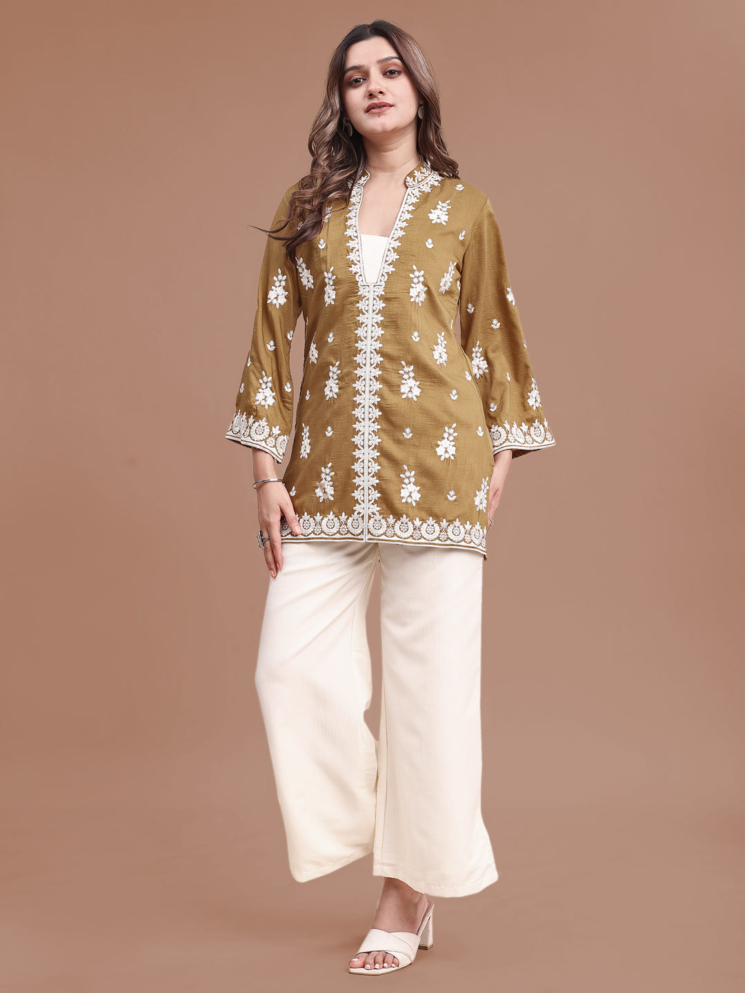 Mustard Colored Silk Blend With Off White Thread Embroidered Tunic & Trouser Co ord Set 