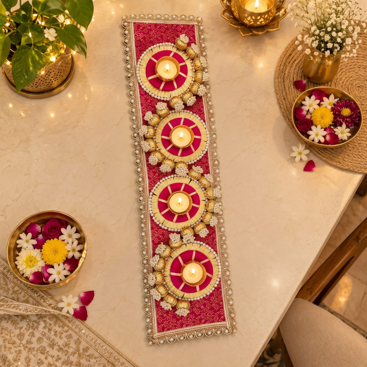 Handcrafted festive T-light/diya table runner