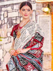 Women's Bhagalpuri Silk Off White Printed Designer Saree With Blouse Piece