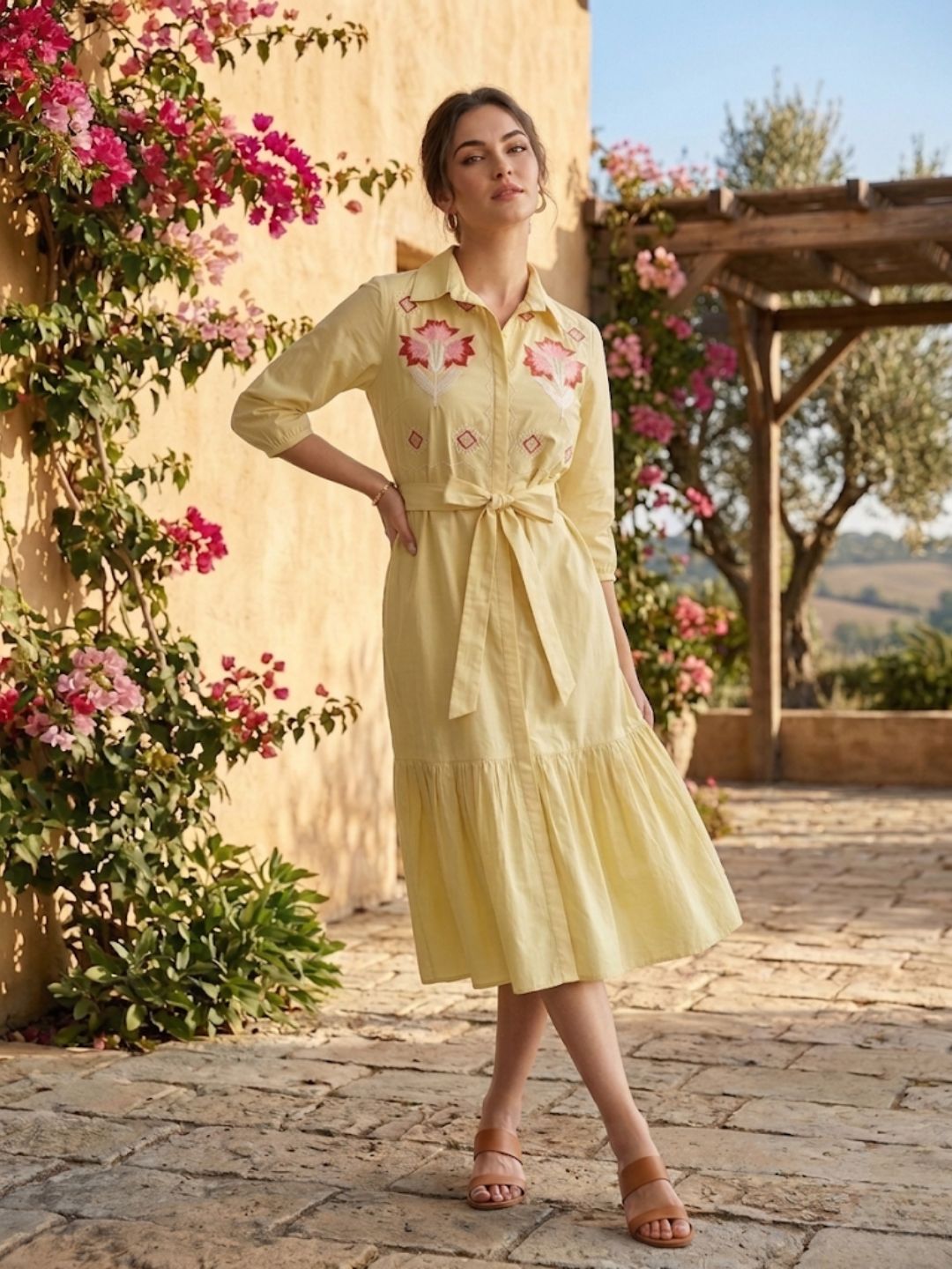 Yellow Embroidered Cotton Shirt Dress-ADR-22014