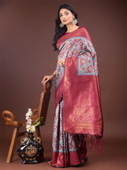Majestic Red & Grey Silk Saree with Rich Woven Pallu – A Regal Touch for Special Moments