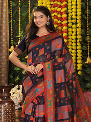 Off White Linen Cotton Saree with Multicolor Ethnic Print – Soft & Lightweight Saree for Festive, Daily, and Office Wear