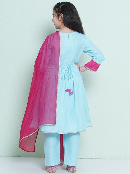 Girls Blue Embroidered Alia Design Kurta With Trousers With dupatta