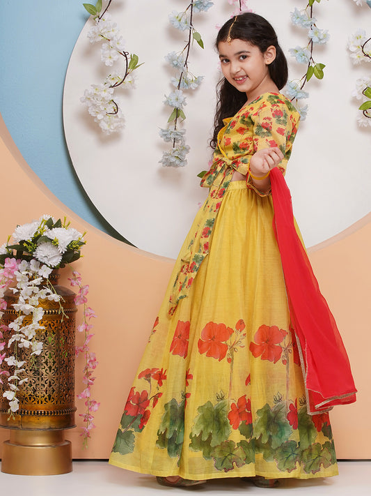 Girls Yellow Printededed Ready to wear Choli & Lehenga With Dupatta