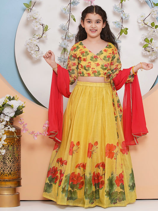 Girls Yellow Printededed Ready to wear Choli & Lehenga With Dupatta
