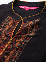 Women Black Printed Straight Kurta Paired With Solid Bottom And Printed Dupatta