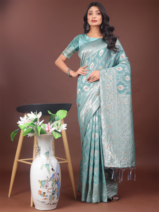 Elegant Sea Green Linen Cotton Saree with Silver Zari – Perfect Blend of Comfort & Charm