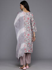Women Grey Round Neck Thread Embroidered Yoke Printed Kurta Paired With Printed Bottom & Tie-Dye Dupatta