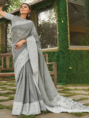 Linen Cotton Saree with Intricate Woven Border & Contrast Pallu | Soft Lightweight Traditional Drape | Tassel Edge | Unstitched Blouse Piece