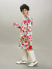 Boys Peach floral printed kurta with a off white pajama