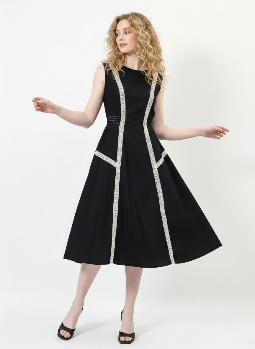 Black Pure Cotton Smocked Lace Dress-ADR-19731