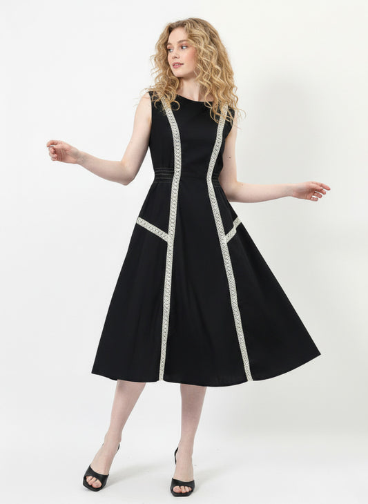 Black Pure Cotton Smocked Lace Dress-ADR-19731