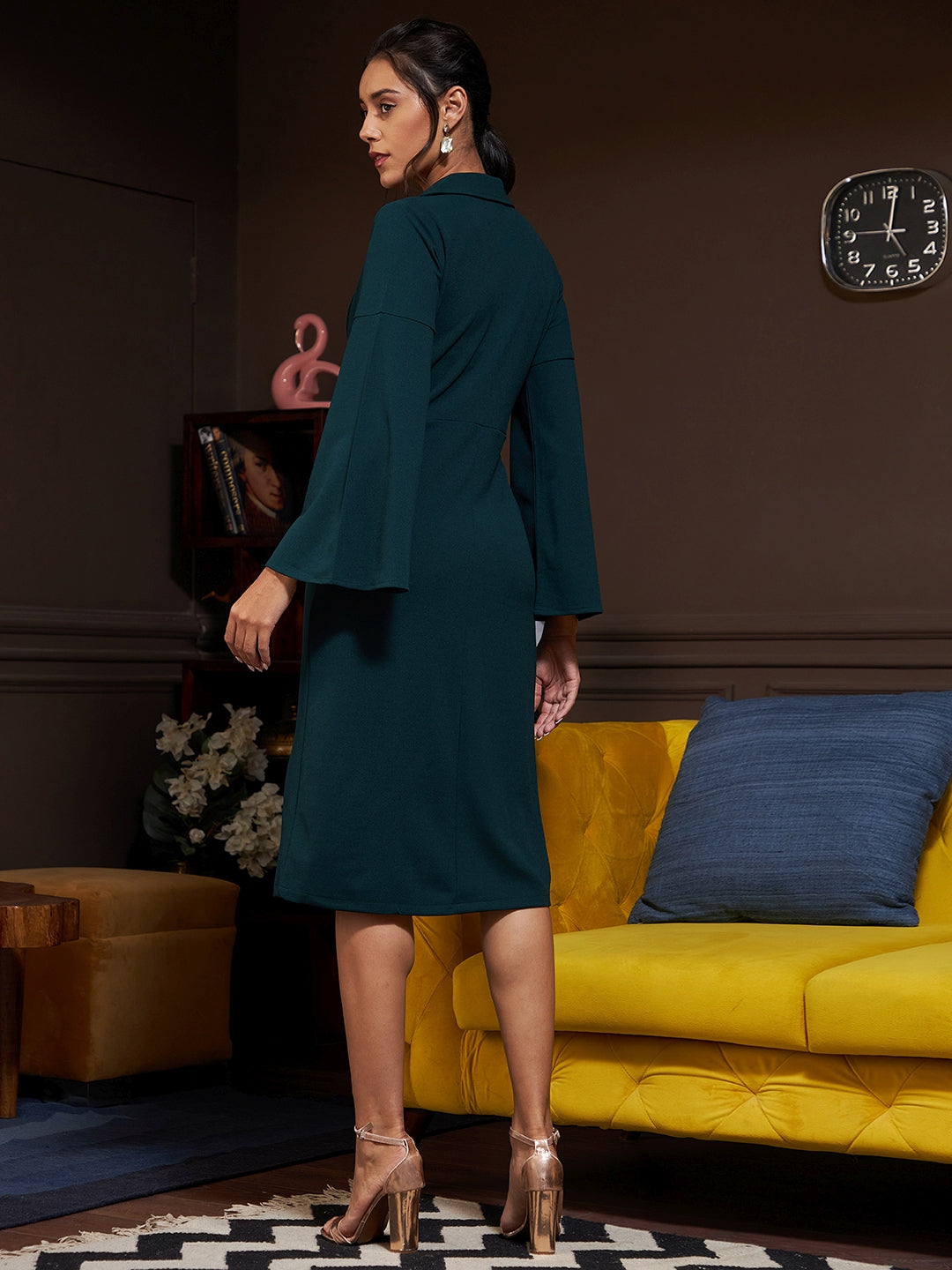 Women Green Bell Sleeves Formal Dress