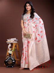 Elegant White & Light Green Leaf Print Cotton Saree for Women with Zari Border & Tassels – Soft & Lightweight Daily Wear Saree