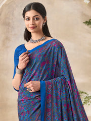 ساري نسائي أزرق مطبوع من الكريب مع قطعة بلوزة