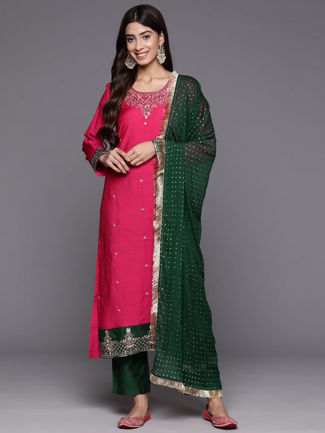 Women Pink Placement Design  Embroidered Straight Kurta Paired With Contrast Bottom And Chiffon Dotted Dupatta With Four Side Fringes