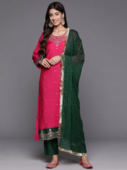 Women Pink Placement Design  Embroidered Straight Kurta Paired With Contrast Bottom And Chiffon Dotted Dupatta With Four Side Fringes