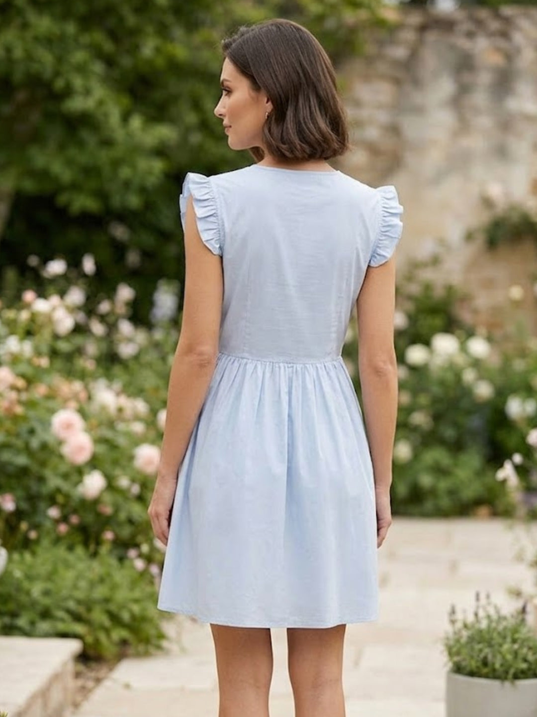 Blue V Neck Cotton Smocked Dress-ADR-19896