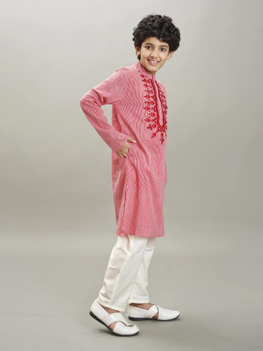 Boys red white stripe embroidery kurta with a off white pajama