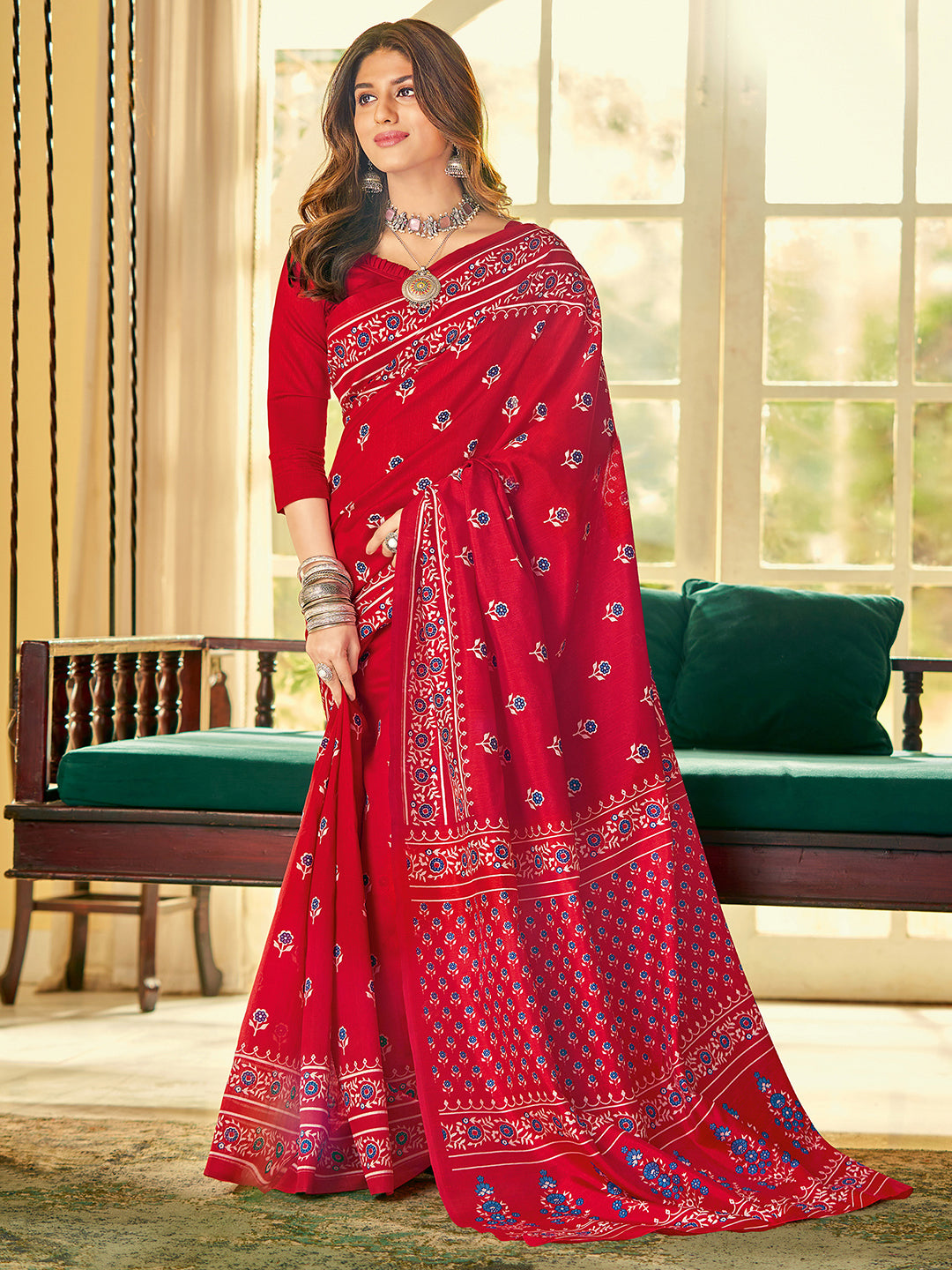 Women's Bhagalpuri Silk Red Printed DesignerSaree With Blouse Piece