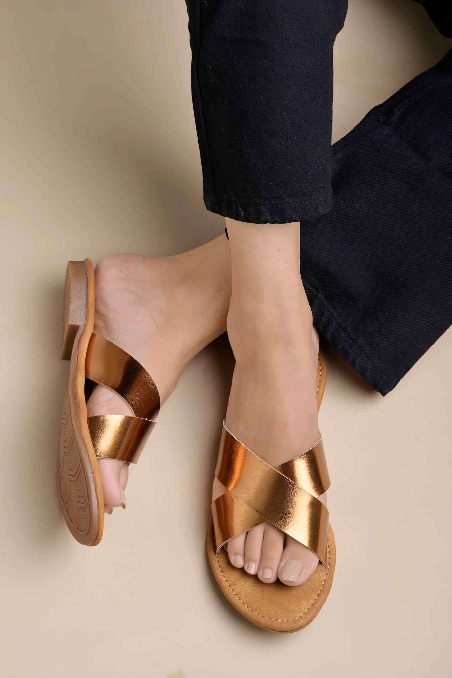 Shoetopia - Embellished Cross Strap Copper Flats For Women