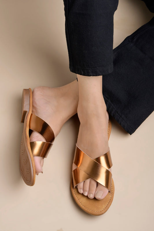 Shoetopia - Embellished Cross Strap Copper Flats For Women