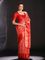 Women's Art Silk Red Printed Designer Saree With Blouse Piece