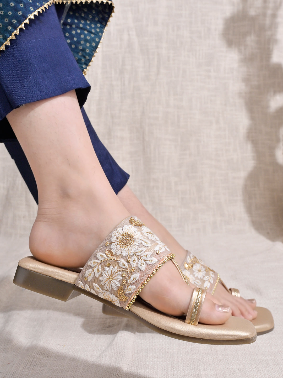 Shoetopia - Embellished Golden Kolhapuri Flats For Women & Girls