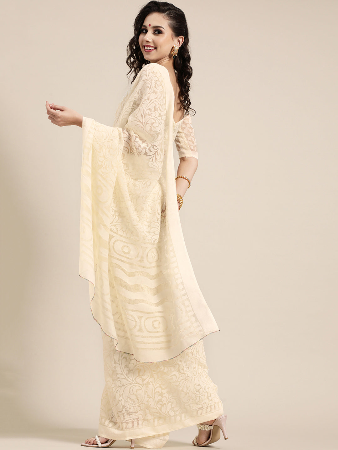 Women's Brasso OffWhite Printed DesignerSaree With Blouse Piece