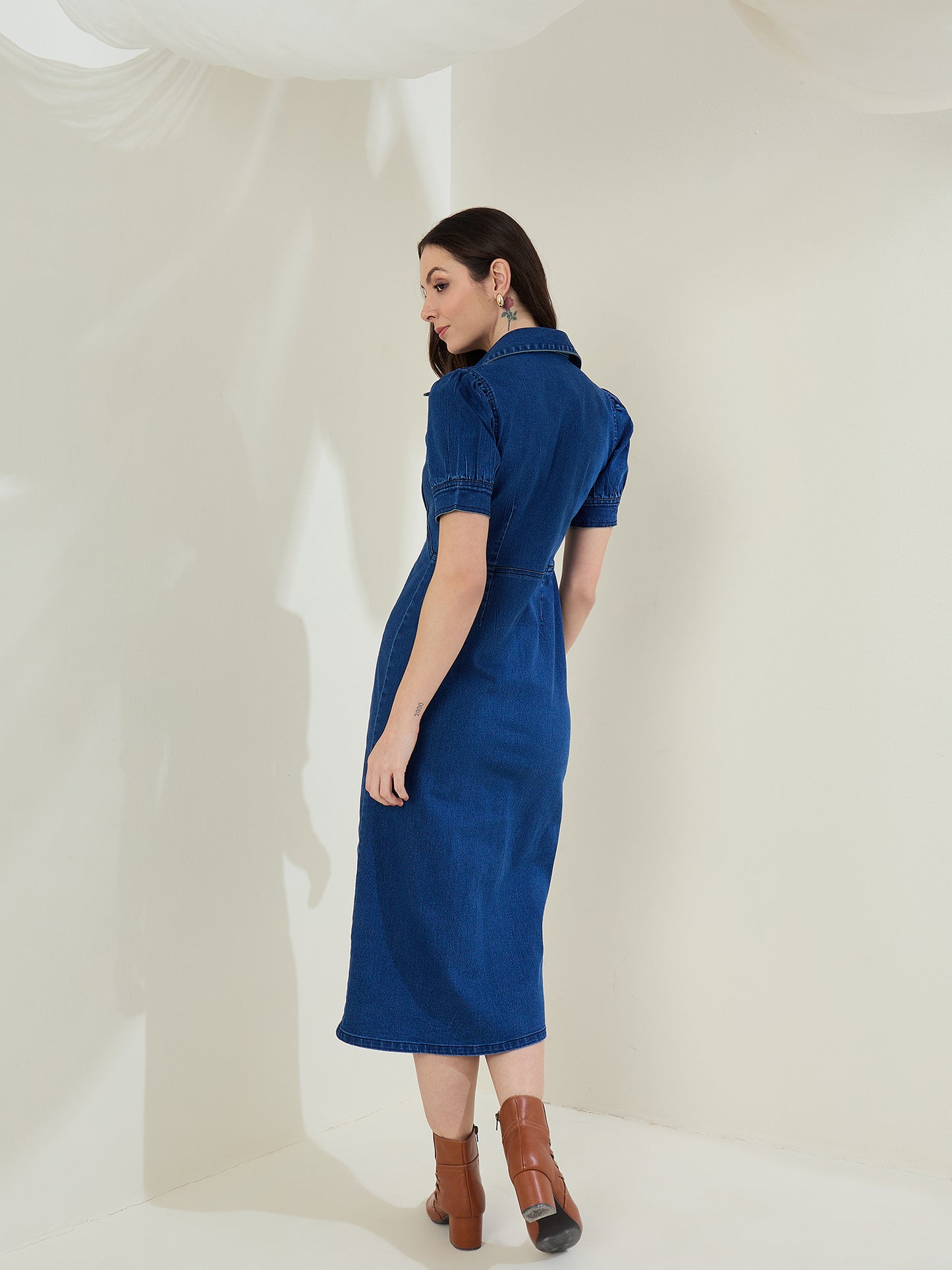 StyleStone Women's Denim Puff Sleeve Midi Dress