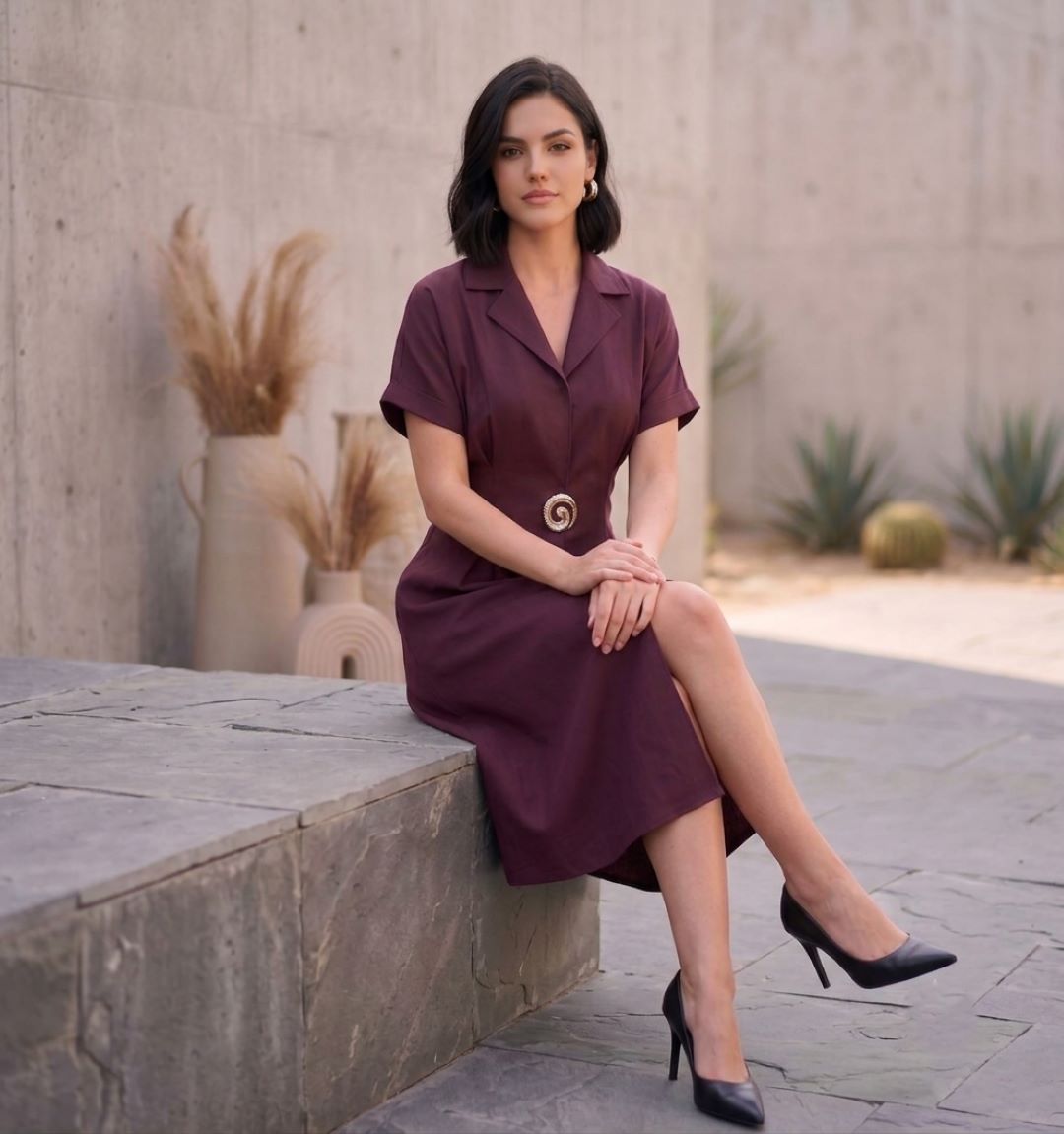 Burgundy Lapel Collar Embellished Dress-ADR-21217