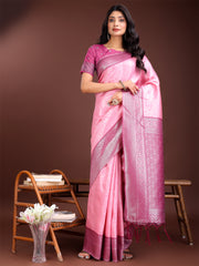 Graceful Orange & Maroon Banarasi Silk Saree with Rich Zari Woven Border – Traditional Elegance for Celebrations