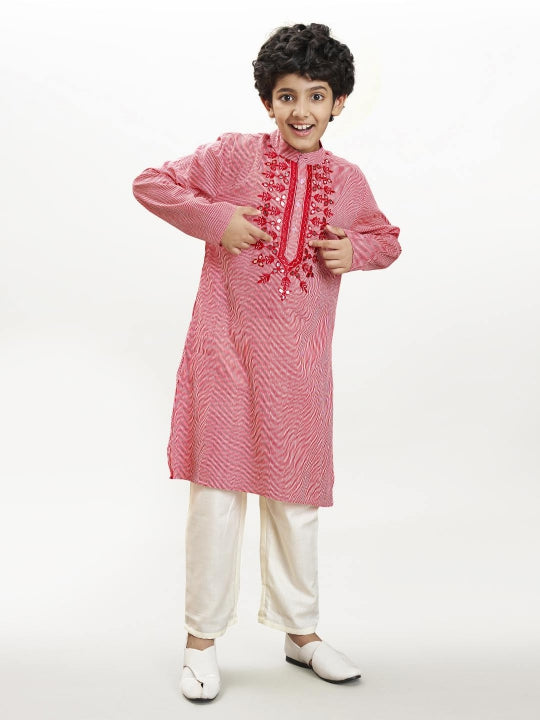 Boys red white stripe embroidery kurta with a off white pajama