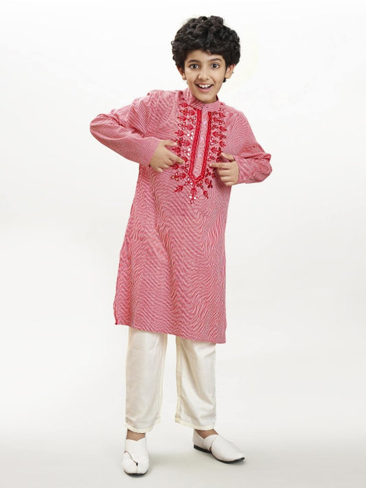 Boys red white stripe embroidery kurta with a off white pajama