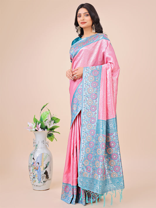 Premium Pink & Sky Blue Floral Woven Lichi Silk Saree with Rich Pallu & Tassels – Festive & Party Wear for Women