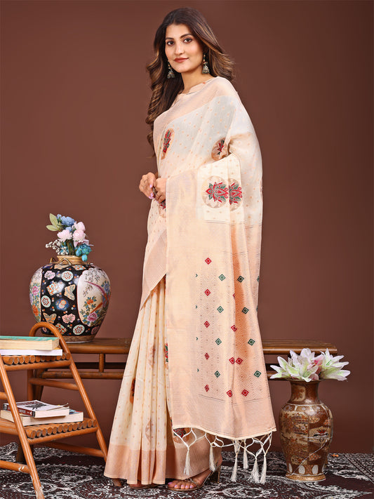 Elegant Cream Woven Work Saree – A Whiff of Tradition Wrapped in Grace