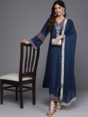 Women Blue Embroidered Straight Kurta   Paired With Tonal Embroidered Bottom And With Tonal  Chiffon Dotted Dupatta