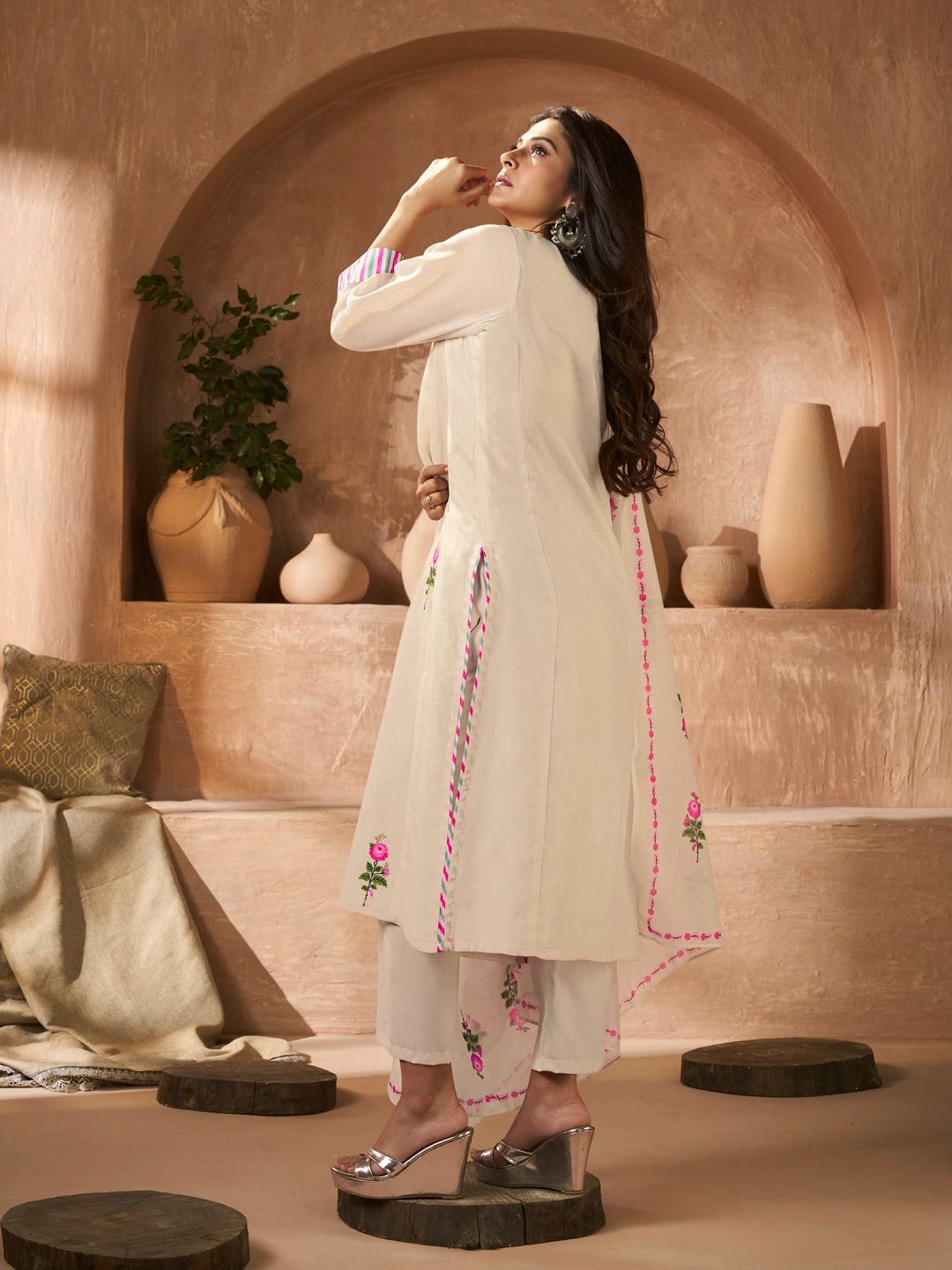 Off White Rose Embroidery Straight Kurta Set with Printed Dupatta