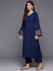 Women Navy Blue Solid V-Neck  Embellished With Gota Straight Kurta Paired With Tonal Bottom And Dupatta