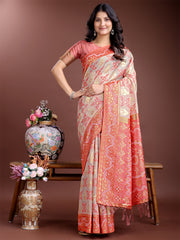 Graceful Beige & Coral Linen Cotton Saree – Lightweight Elegance for Modern Women