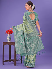 Cream & Green Lichi Silk Saree with Rich Woven Border and Zigzag Pattern – Wedding & Festive Wear