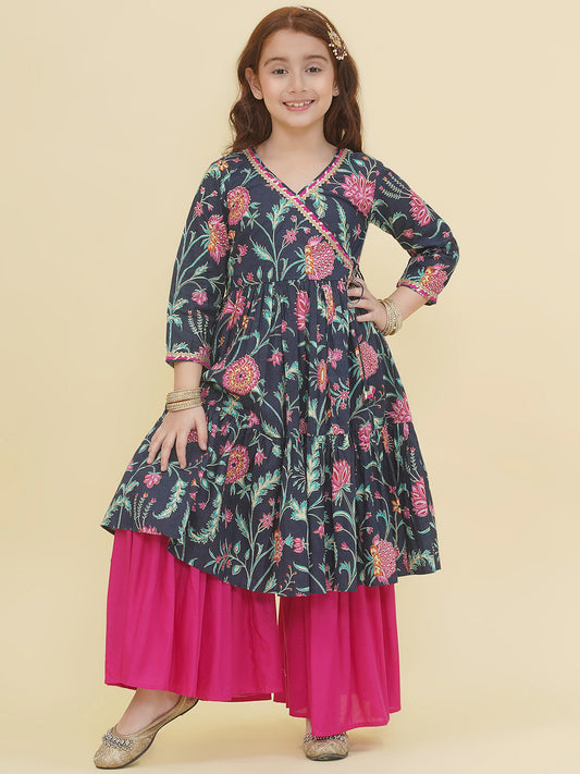 Girls Blue Pink Floral Printed Angrakha Kurta with Sharara